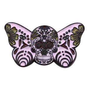 Pink Butterfly Moth Floral Sugar Skull Enamel Pin Brooch Spooky Goth